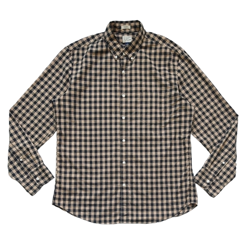 J. Crew Secret Wash Beige and Black Gingham Button-Down Shirt